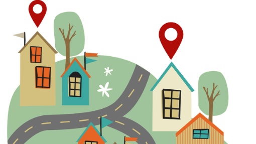 Bunte Häuser auf grünem Hügel mit roten Standortmarkierungen