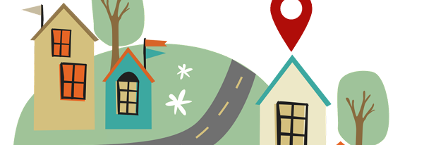 Bunte Häuser auf grünem Hügel mit roten Standortmarkierungen