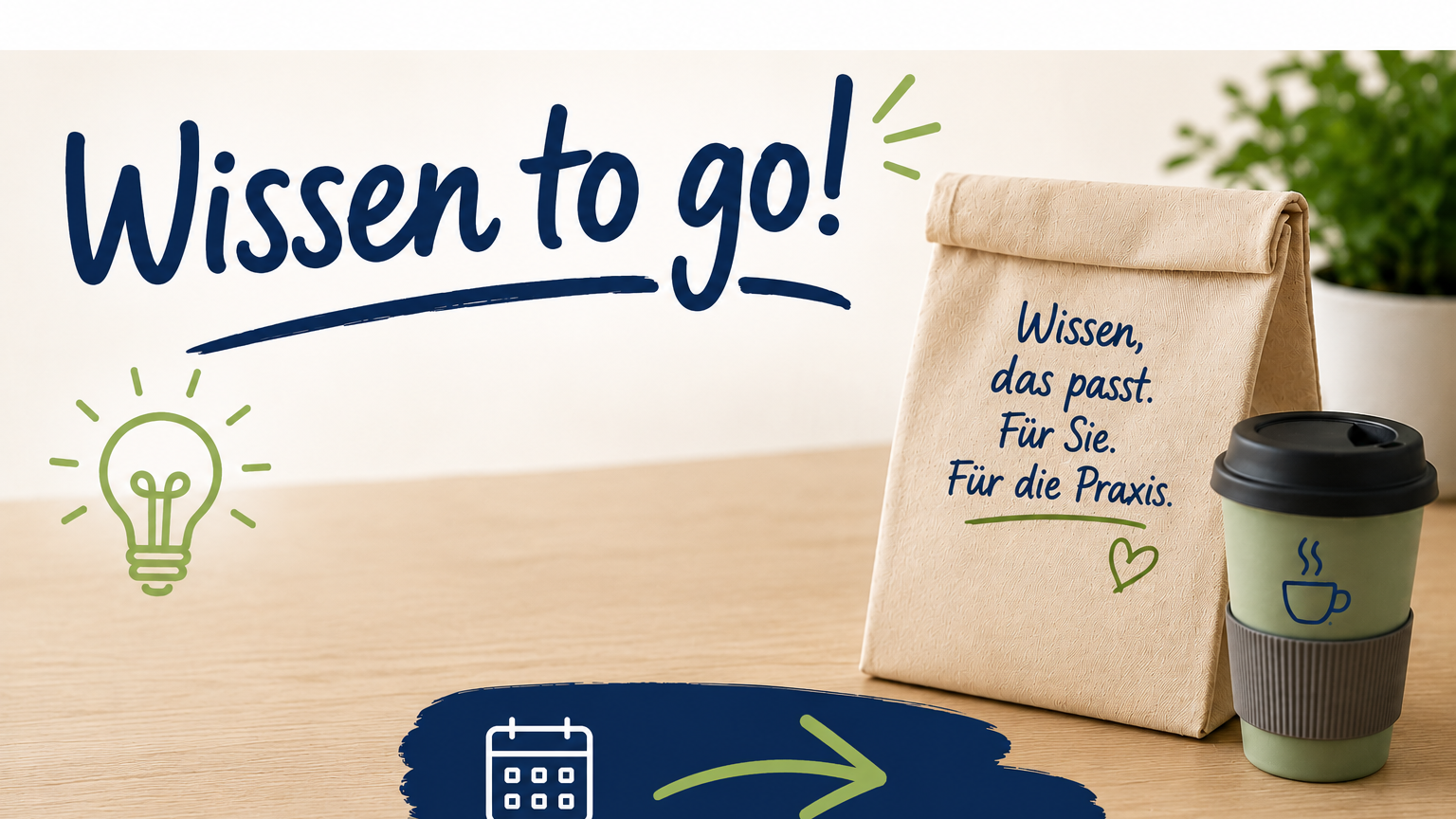 Brottüte und Kaffeebecher auf braunem Tisch mit der Überschrift 'Wissen to go!'