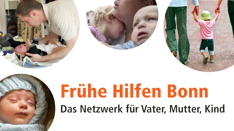 Bild zur Beschreibung des Frühe Hilfen Flyers Bildausschnitten von einem Baby, überforderter Mutter, Vater, der Baby wickelt und Eltern, die mit Kind an der Hand laufen