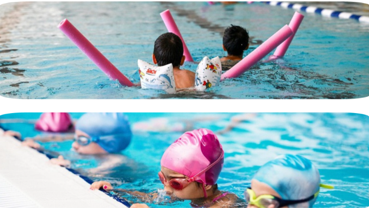 Kleine Kinder, die schwimmen lernen, im Schwimmbad mit Schwimmnudeln.