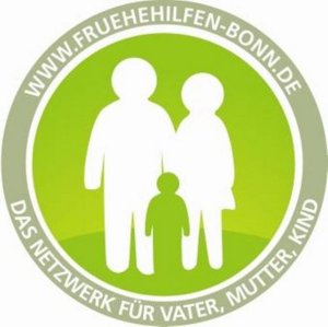 Logo der Frühen Hilfen Bonn mit grünem JKreis und stilisierten Vater, Mutter und Kind in der Mitte