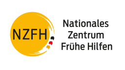 Logo des NZFHS. Gelber Kreis mit den Buchstaben NZFH und drei Punkten (gelb, rot und blau) am Außenkreis. Rechts daneben dem Schriftzug Nationales Zentrum Frühe Hilfen